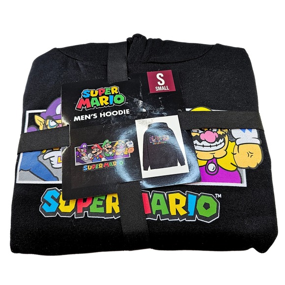 New Super Mario Bros Nintendo Hoodie Black Small S Graphic Pullover Sweatshirt - Picture 1 of 2